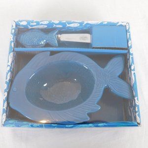 Dennis East International DEI Fish Shaped Bowl & Spreader Blue Original Box FLAW